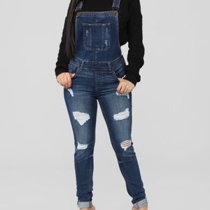Dark Denim Distressed Overalls